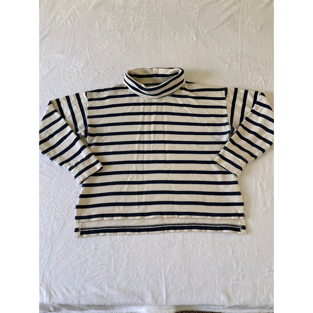 J.Crew Vintage Fleece Turtleneck Sweatshirt Women M Navy Ivory Striped Cotton